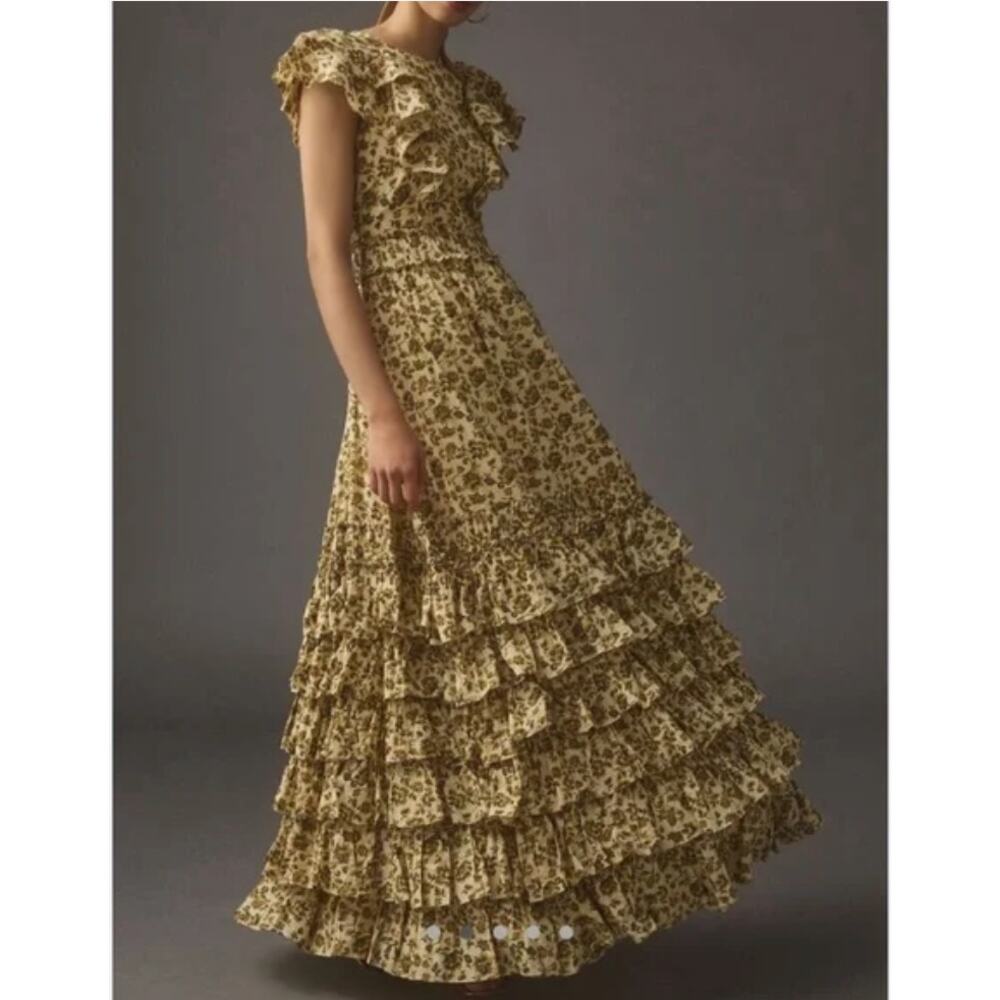 Mac Duggal  Beige Tiered Ruffle High Neck Gown 70114 Size 4